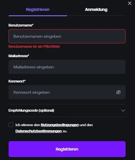 Registrierungsformular – Spielerkonto mit E-Mail-Adresse und Passwort erstellen